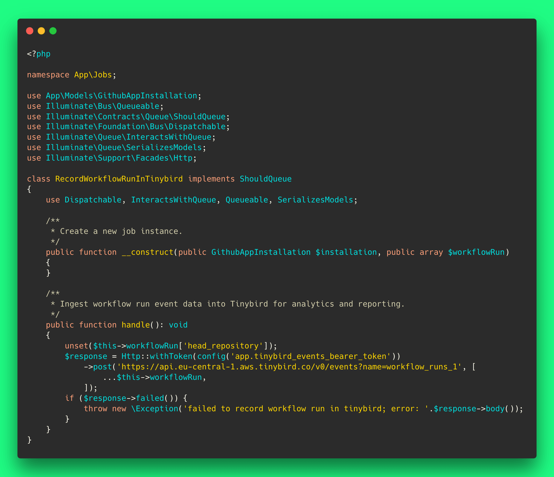 Streaming GitHub Action workflow events data to Tinybird only requires a few lines of code.