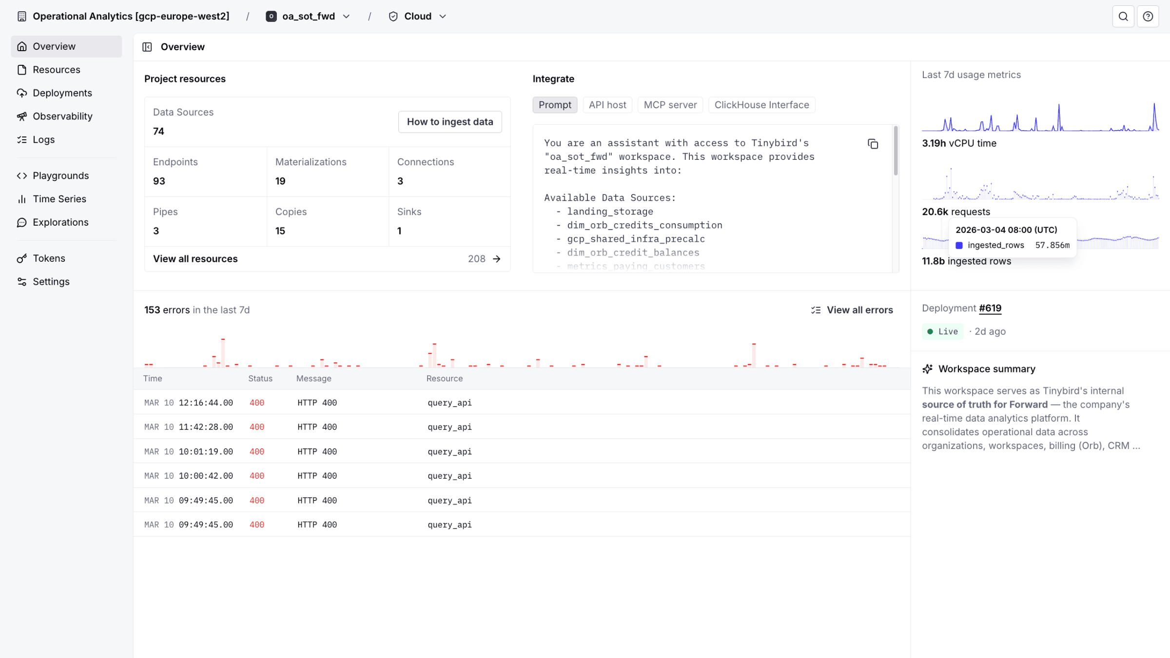 Tinybird data exploration UI overview