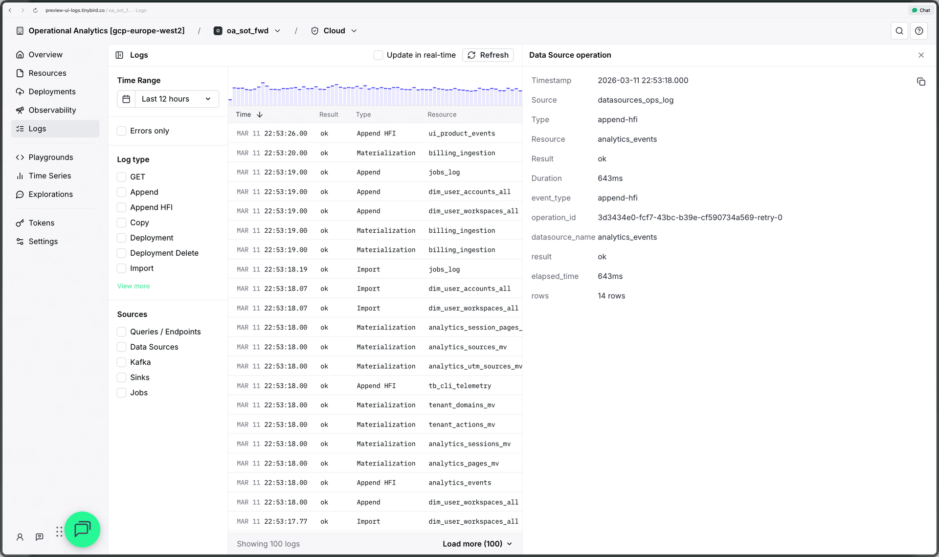 Split screen showing log list on the left and log detail panel on the right