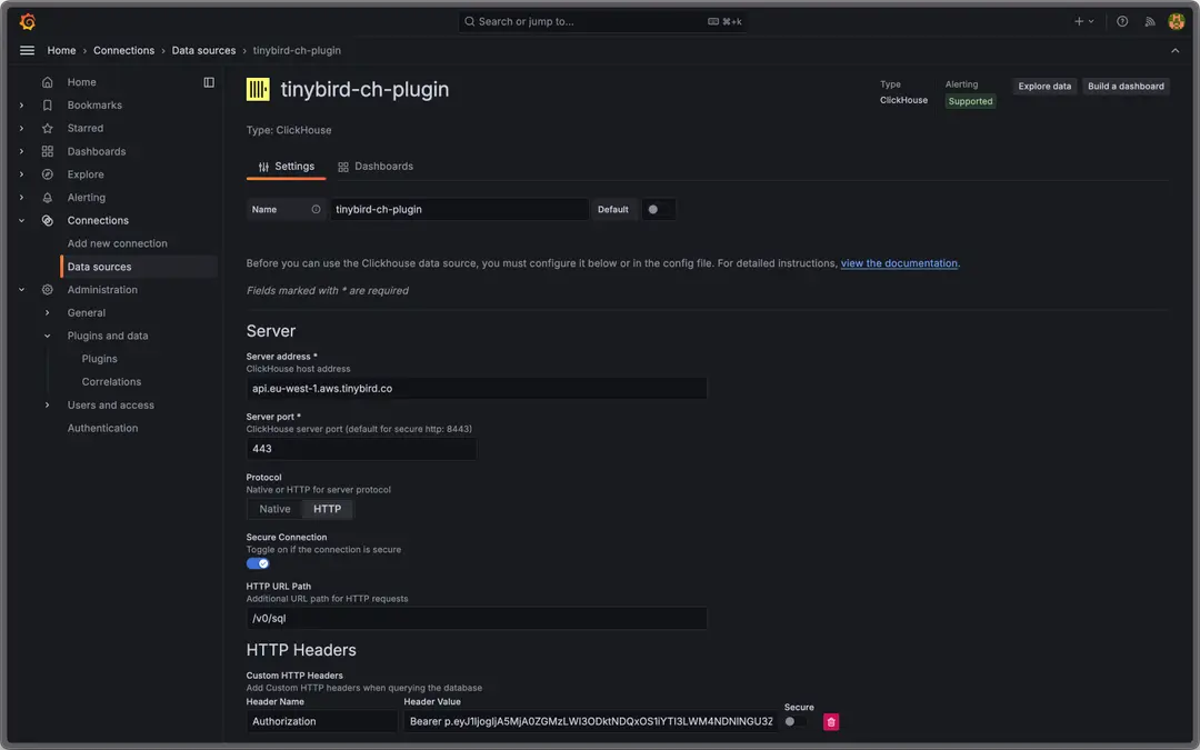 Configuring the ClickHouse® plugin for Grafana using Tinybird credentials