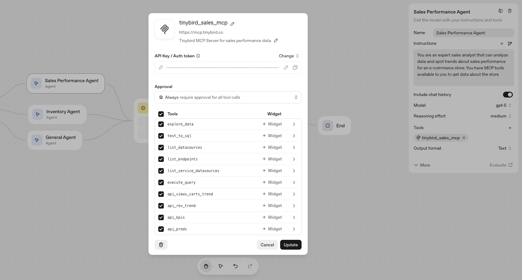 Sales performance agent configuration in OpenAI Agent Builder