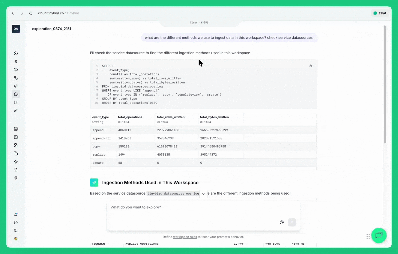 Tinybird UI showing SQL query and table of data ingestion methods with operations and bytes written.