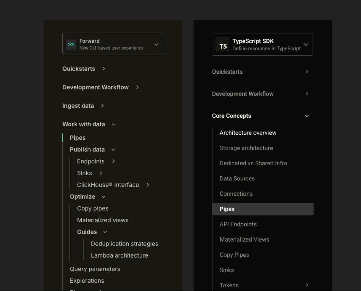 Old vs new Tinybird docs sidebar, side by side