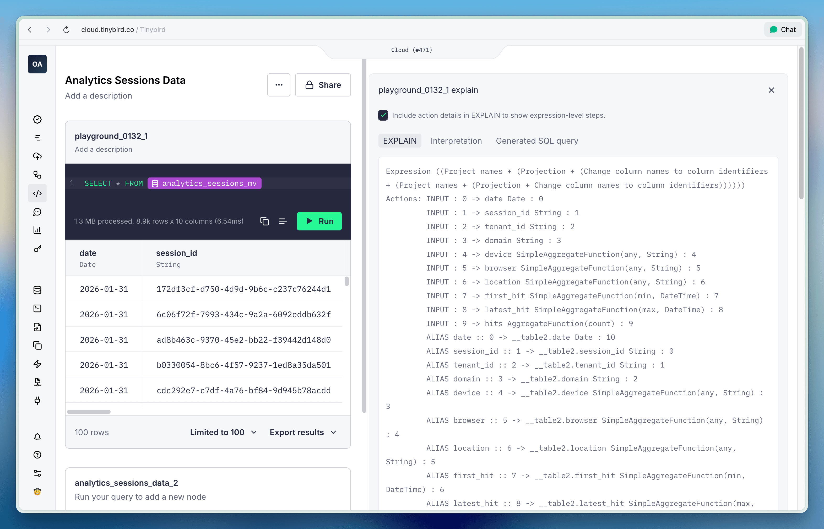Explain panel showing action details with read ranges, projections, and prewhere optimizations