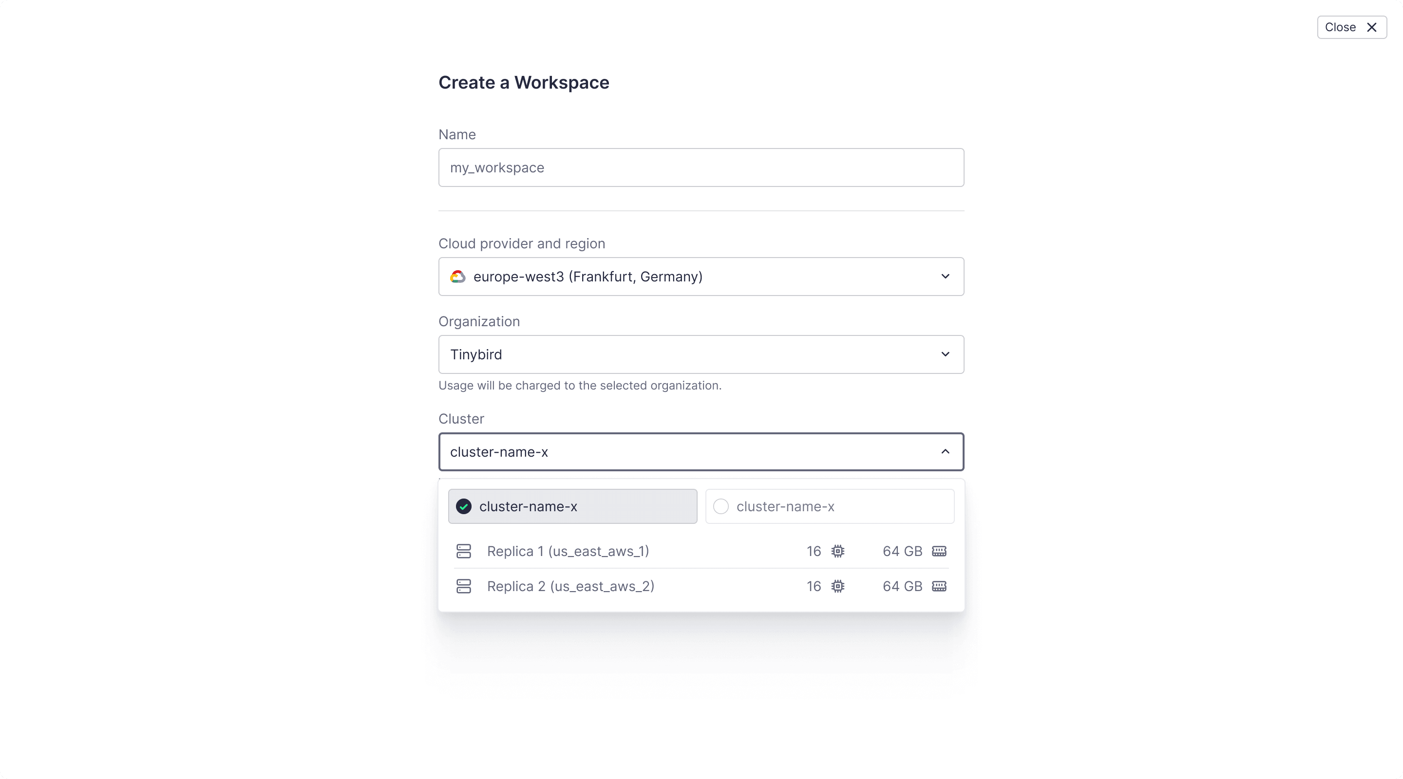 Create a Workspace dialog showing cluster selection dropdown with available clusters and their replica CPU and memory details