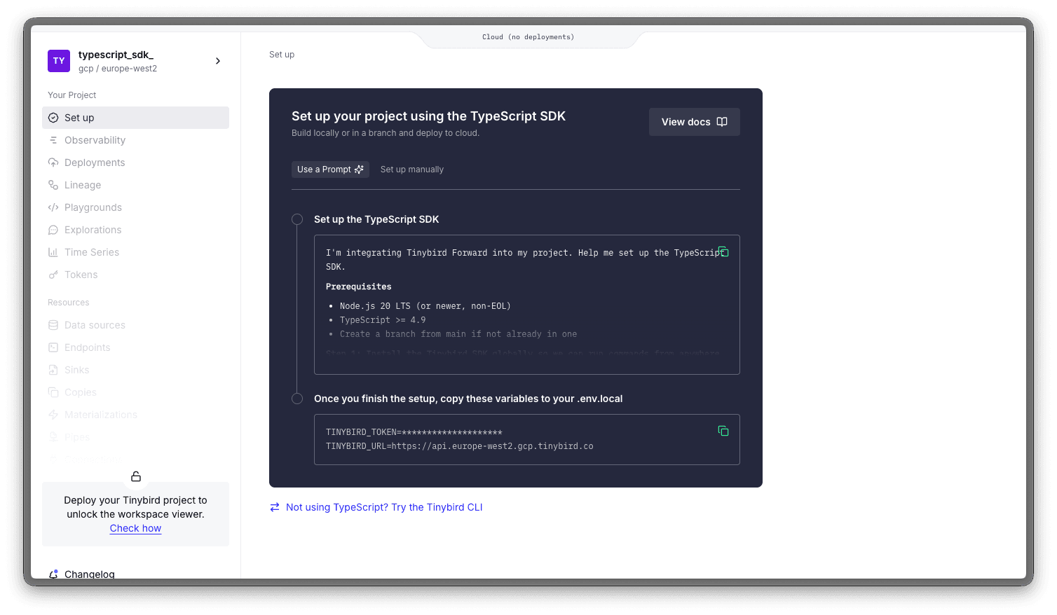 TypeScript SDK onboarding flow showing a prompt for AI coding agents and Workspace credentials